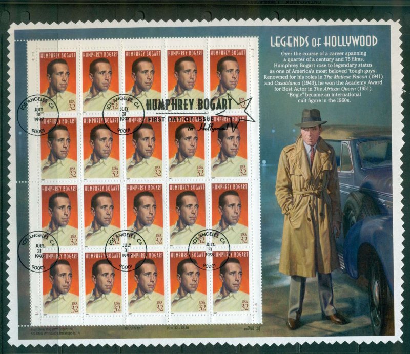 USA 1997 Sc#3152 Humphrey Bogart pane 20 FDI on piece FU lot55710