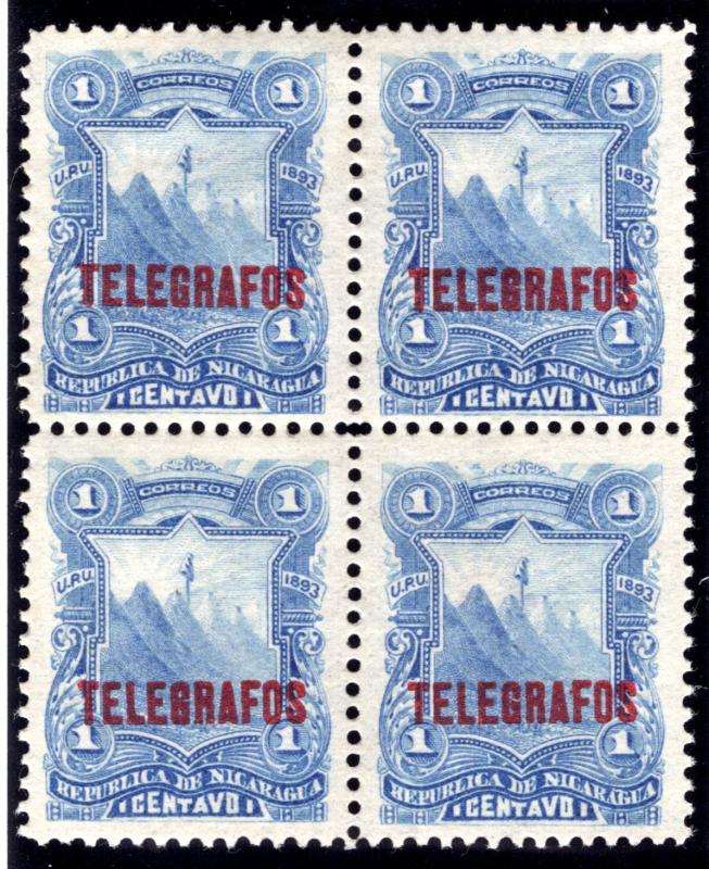 RH26, H26, Type 6 - 1c blue - MNHOG block - Nicaragua Telegraph Revenue