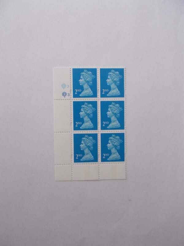 Questa Litho 2nd Class cb Machin Cylinder Block of 6 Blue Phosphor Cyl Q3Q3 U/M