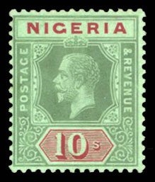 Nigeria #11c (SG 11c) Cat$160, 1914 10sh green on pale olive black, lightly h...