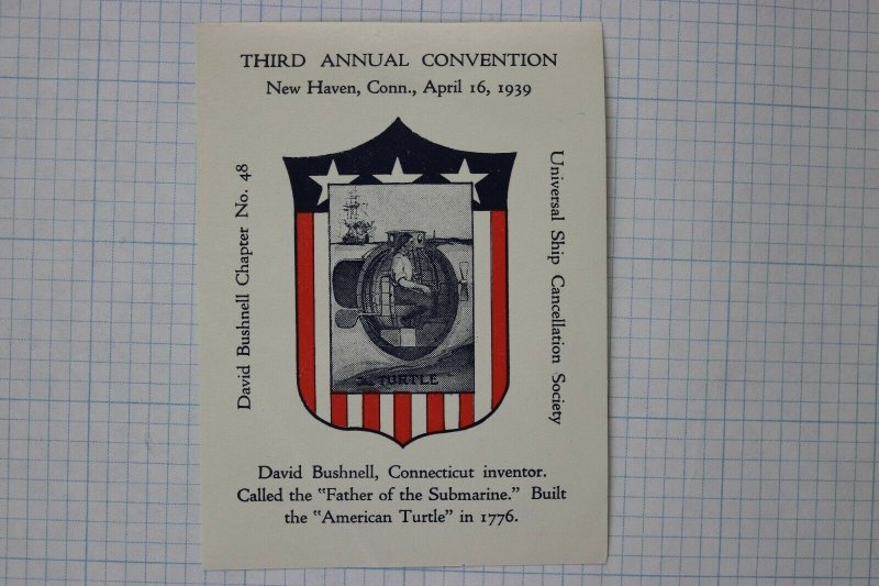 USCS patriotic Navy Turtle Submarine 1776 David Bushnell ad label 1939 NH CT