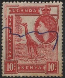 Kenya (KUT) 104 (used, pen cancel) 10c giraffe, Eliz. II, carmine (1954)