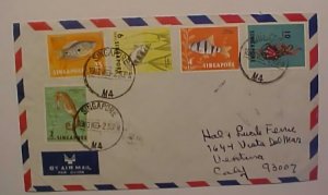 SINGAPORE NOV 1969 9 DIFF STAMPS TO US BACK FAULTS
