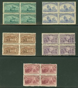 US #232-6 3¢ - 8¢ Columbians in Blocks of 4, all very fresh og, NH Scott $3,234