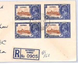 GAMBIA KGV Cover 1935 SILVER JUBILEE 3d Block{4} Bathurst  1936 Canada YR104