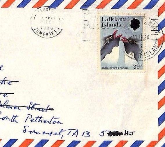 SS217 1986 FALKLAND ISLANDS Commercial Air Mail PENGUINS Cover FARMING Somerset