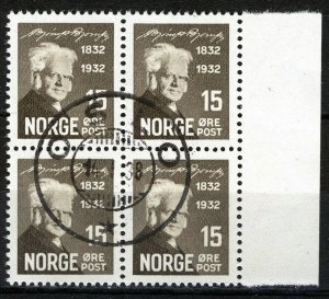 Norway 1932, NK 186, 15ø Bjørnson block of 4 VFU, Mi 164 cat 6€ as singles 2