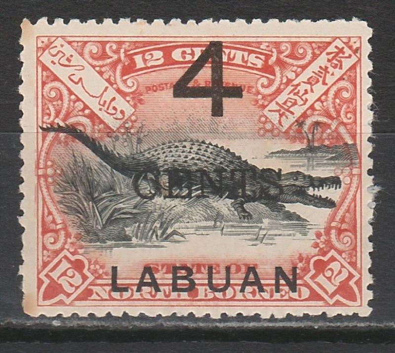 LABUAN 1899 LARGE 4 CENTS OVERPRINTED CROCODILE 12C PERF 13.5