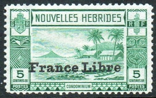 New Hebrides (French) 1941 5c green with 'France Libre' ovpt MH