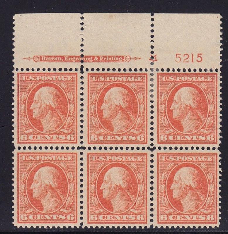 379 XF OG lightly hinged TOP plate block of 6 with nice color ! see pic !