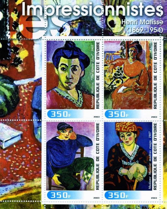 Ivory Coast 2003 Henri Matisse PAINTINGS Sheet (4) Perforated mnh.vf