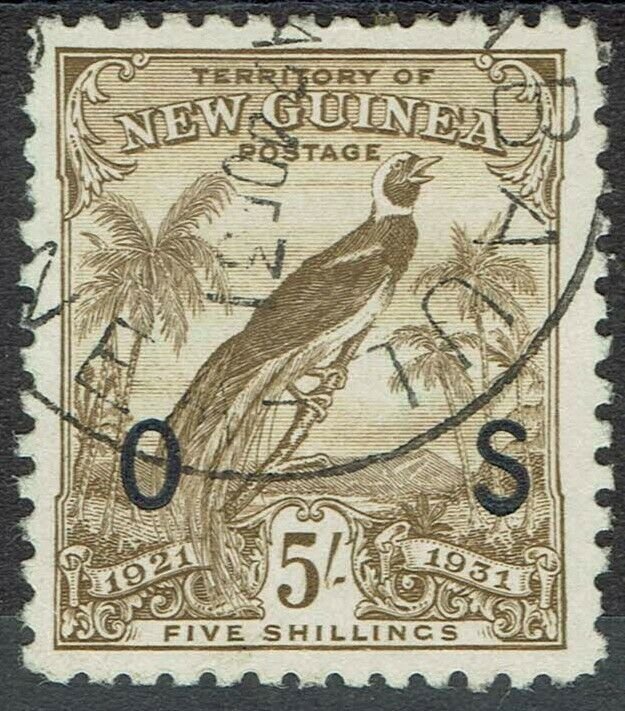 NEW GUINEA 1931 DATED BIRD OS 5/- USED WITH CERTIFICATE 