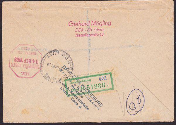 EAST GERMANY 1968 registered flight cover to New Zealand....................5045