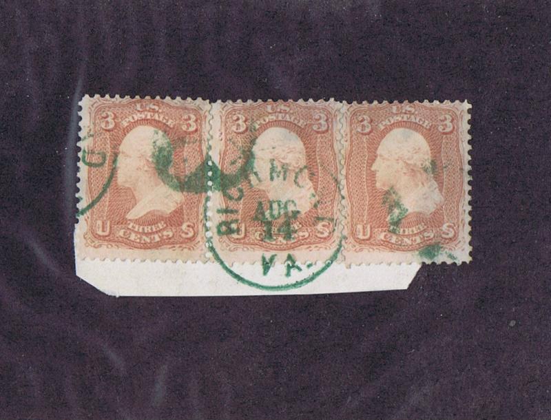 SC# 65 USED 3c STRIP OF THREE ON PC, GREEN RICHMOND VA CANCEL, PF CERT.   