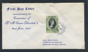 Antigua 1953 QEII Coronation on First Day Cover.