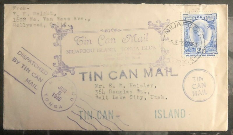 1935 Niuafoou Tonga Toga Tin Can Canoe Mail Cover to Salt Lake City UT USA