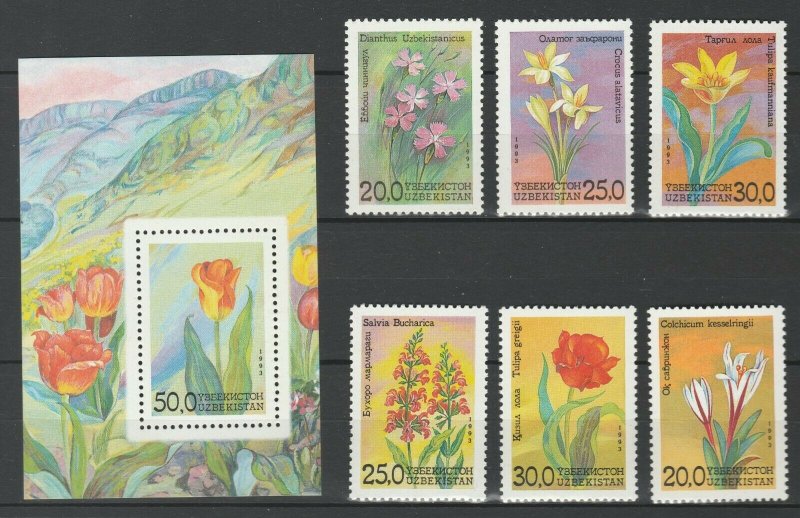 Uzbekistan 1993 Flowers MNH stamps + Block