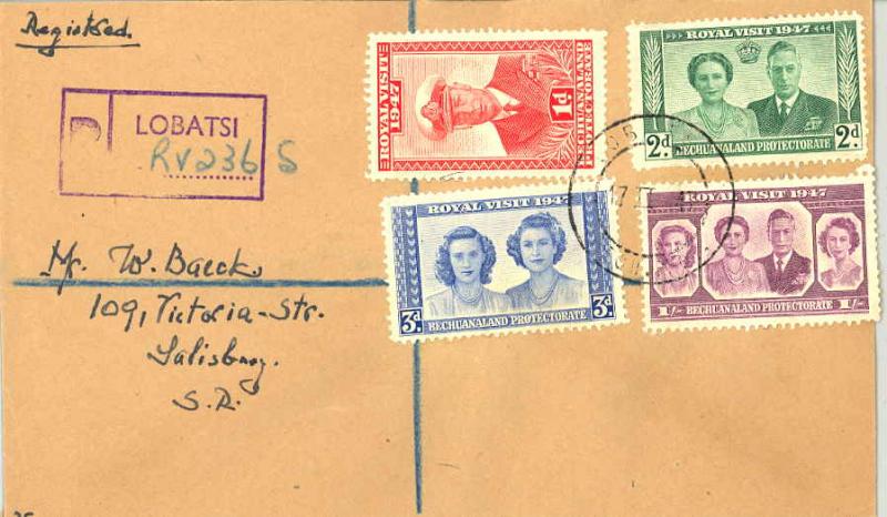 Bechuanaland 1d, 2d, 3d and 1/- Royal Visit 1947 Lobatsi, Bech. Prot. Registe...