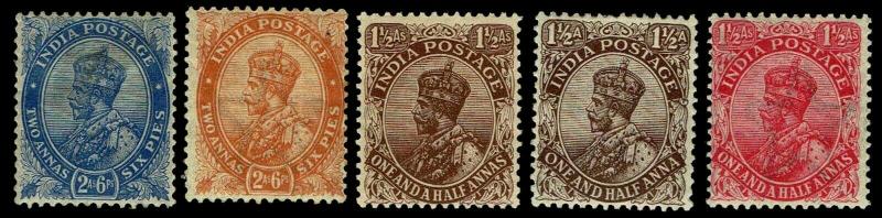 1913-26 India #99-103 King George V Wmk 39 - OGLH - VF - CV$24.50 (ESP#3844)