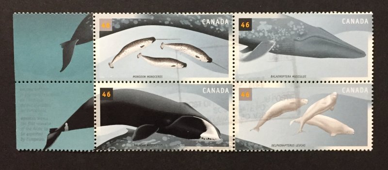 Canada 2000 #1871a Block of 4 W/Label, Cetaceans, Used.