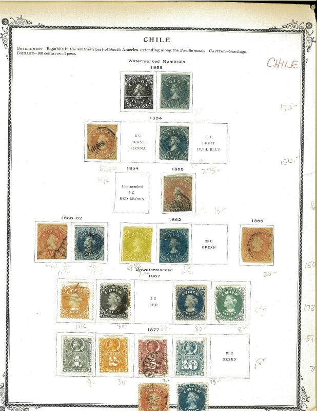 Chile 1853-1900 Mint & Used Hinged on 2 Old Scott Specialty Pages.