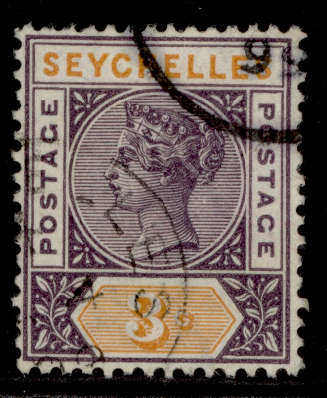 SEYCHELLES QV SG22, 3c dull purple & orange, FINE USED.