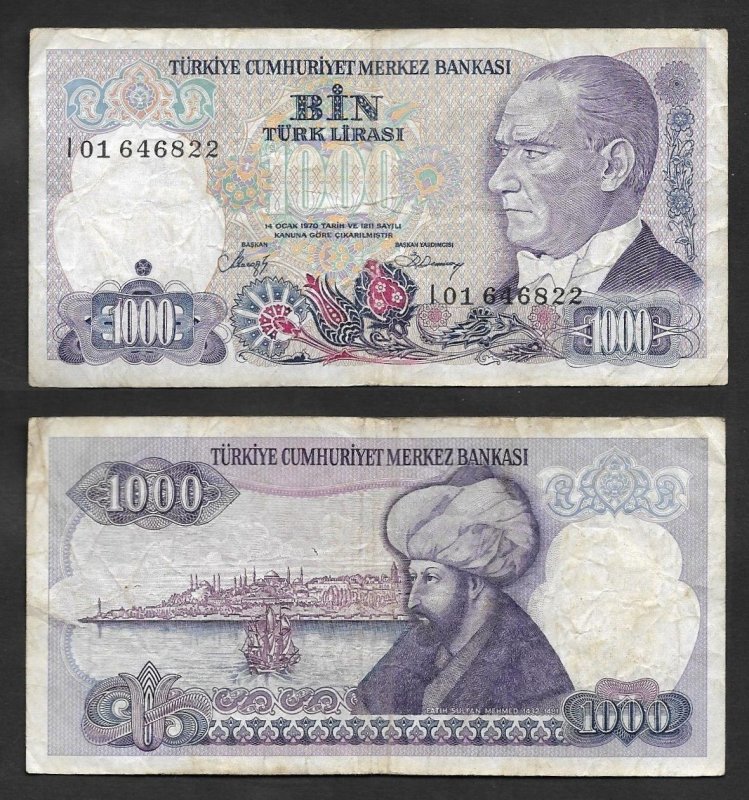 SD)1970 TURKEY 1000 LIRA BILL FROM THE CENTRAL BANK OF TURKEY, WITH REVERSE, VF