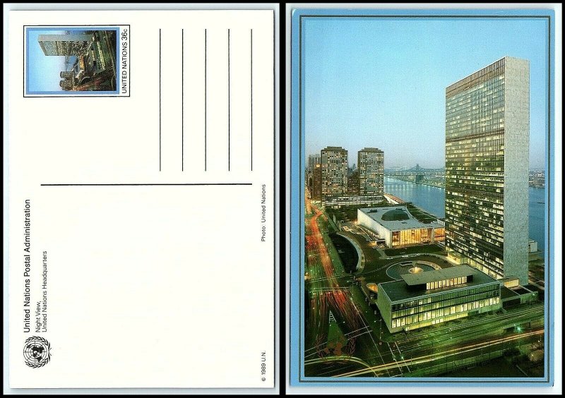 1989 UNITED NATIONS Postal Card - New York, Night View, Unused T10 