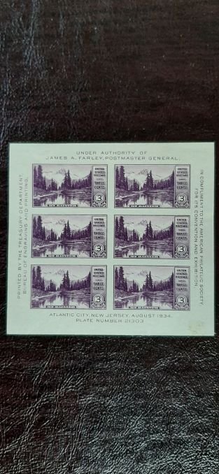 US Scott # 750; Mt. Rainier, 1934 Farley; s/s; Mint, hinged; VF+ centering
