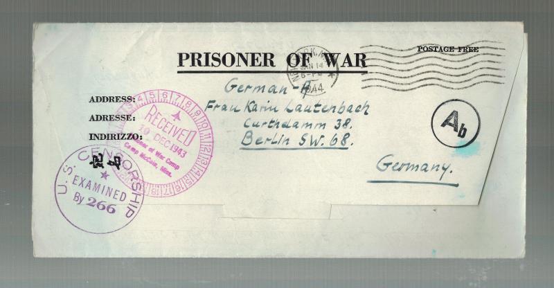 1944 CAmp McCAin MS USA POW Prisoner of War Camp Censored Cover to Germany 