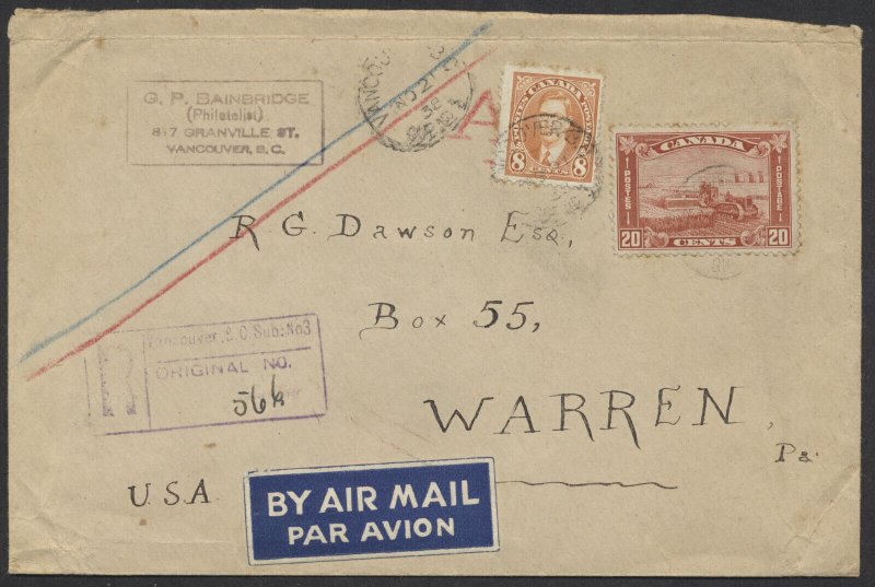 1938 Registered Cover Vancouver Stamp Dealer Air Mail to USA via Seattle