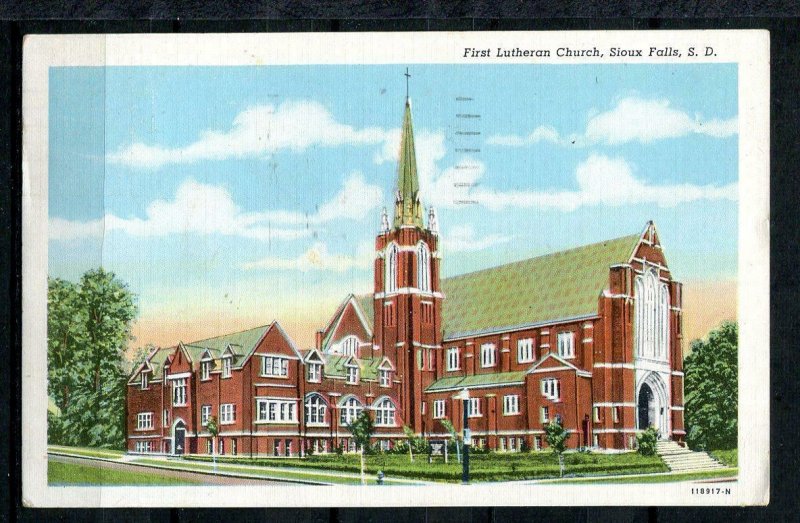 USA 1950 Color Postal Card Usd Franked 1c First Lutheran Church Sioux Falls10262