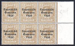 1922 1/- marg. block of 6, upper left stamp with error on the basic GB stamp ONF
