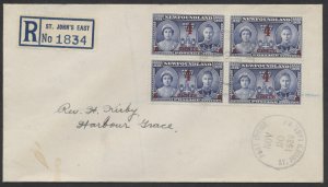 1939 Newfoundland #251 Royal Visit FDC 4c Overprt Block Registered St Johns East