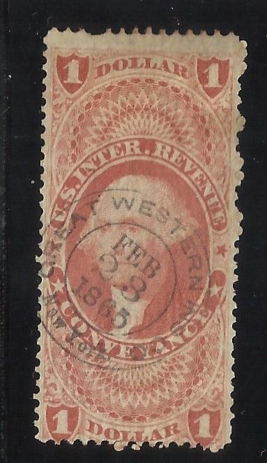 R66c $1 Used F/VF Centering 1865 Handstamp Great Western Ins