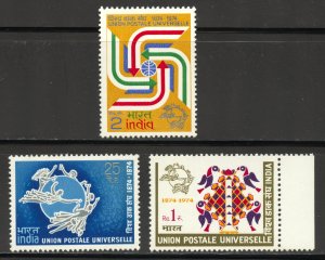 India Scott 634-36 MNHOG - 1974 Centenary of the UPU Issue - SCV $4.85