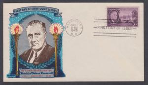 US Mel 932-3c FDC. 1945 3c Franklin Delano Roosevelt, First Fluegel Color Cachet