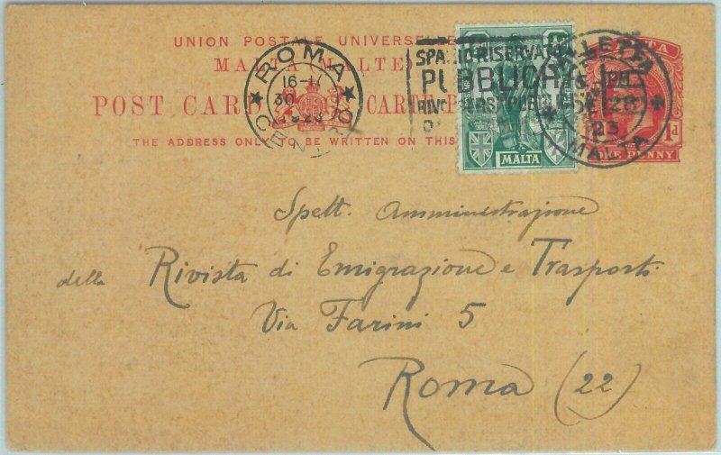 86257 - MALTA - Postal History - POSTAL STATIONERY CARD to ITALY 1923-