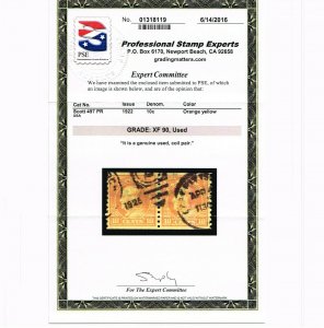 EXCEPTIONAL GENUINE SCOTT #497 USED COIL PAIR PSE CERT GRADED XF-90  #9658