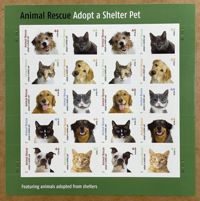 Scott 4451 - 4460 ANIMAL RESCUE Pane of 20 US 44¢ Stamps MNH 2010