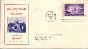 FDC 1941 SC #903 State Capitol Cachet - Montpelier VT - Single - F60329