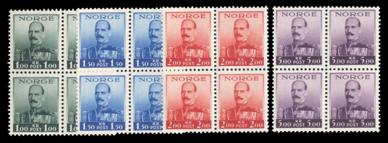 Norway #177-180 Cat$80, 1937-38 King Haikon, complete set in blocks of four, ...