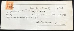 US Used #R15c Revenue Single On Union Oil Check 5/29/1865 L23