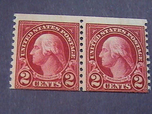 U.S.# 599-MINT/NEVER HINGED---COIL PAIR---CARMINE---WASHINGTON---1923