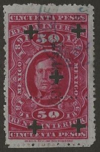 Mexico Revenue 1891-92 Renta Interior Arista 50P Carmine Fine Used CV 100.00