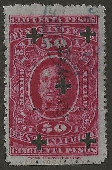 Mexico Revenue 1891-92 Renta Interior Arista 50P Carmine Fine Used CV 100.00