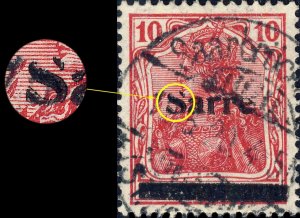 SARRE / SAAR /SAARGEBIET - 1920 Mi.6.III O/P t.3 var. III.PF.Y S broken at top