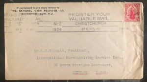 1924 Christchurch New Zealand The National Cash Registered Cover To Chicago USA