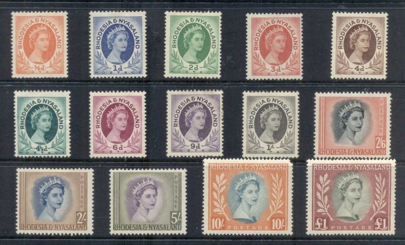 Rhodesia & Nyasaland 1954-56 QEII Definitives Asst (14/16, no 2.5d, 1/3d)(fau...