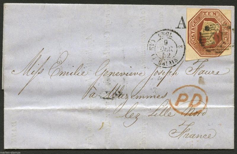 GREAT BRITAIN SC# 6 NUMERAL GRID CANCEL VIA CALAIS 12/9/1852 TO LILLE FRANCE